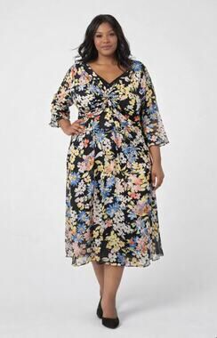 Shani Womens 14 Black Floral Twist Front Midi Dress 3/4 Sleeve Work Party